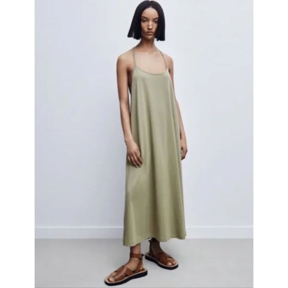 Zara Halter Maxi Dress‎ Womens S Green Pullover Boho Festival Flowy Beachy